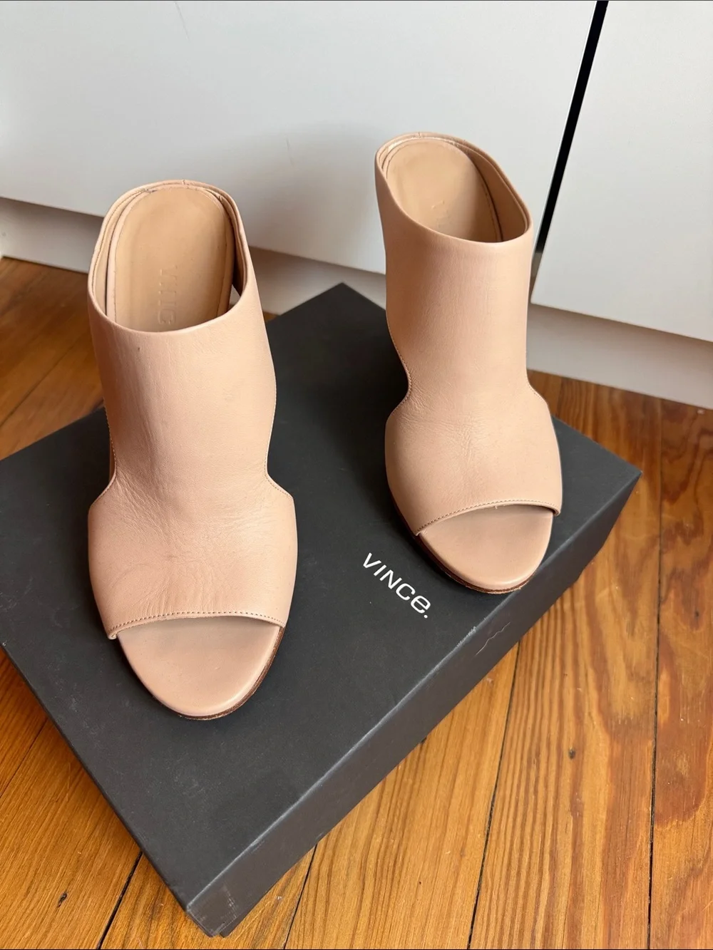 Vince Blush Tan Leather Open-Toe Wedge Mules